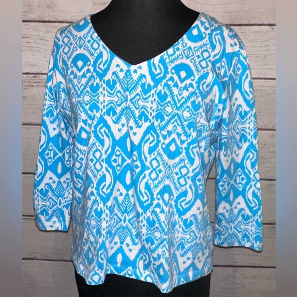 Karen Scott Women's Blue Patterned Top Size PM , Office, Church, Business Casual